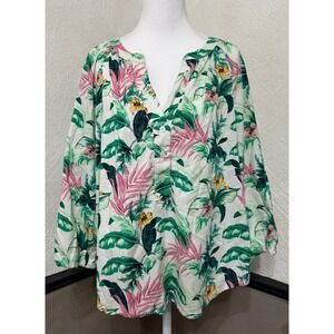 LOFT Women's Large Floral Print V-Neck Top Long Sleeve Casual Blouse